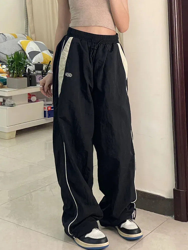 Color: Brown, Size: XXL - Women Spring Retro Solid Loose Drawstring Trousers Casual Joggers Baggy Wide Leg Sweatpants Mid Waist Sporty Y2k Female Clothes