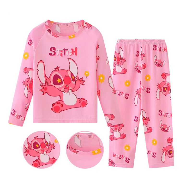 Color: Rose Red, Kid Size: 8T - New Pajama Boys Girls Pajamas Stitch Clothing Sets Kids Long Sleeve +Pant 2Piece Children Home Clothing Girl Nightgown