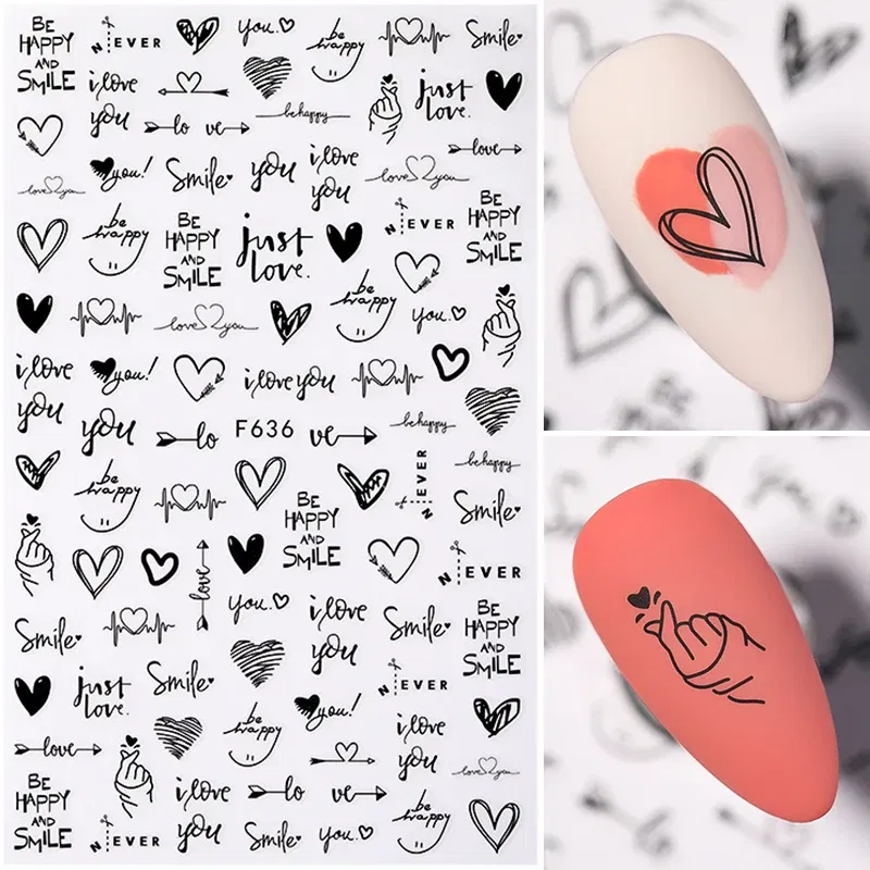 Color: Beige - Heart Leaf Design 3D Nail Sticker Black White Transfer Stickers for Nails Sexy Girl Face Self-adhensive Slider Tip Abstract Wrap