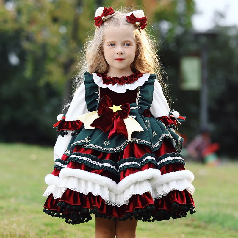 Color: Brown, Kid Size: 16t - New Autumn Winter High-End Baby Girls Velvet Lolita Princess Ball Gown Children Cute Bow Design Birthday Party Dress y1058