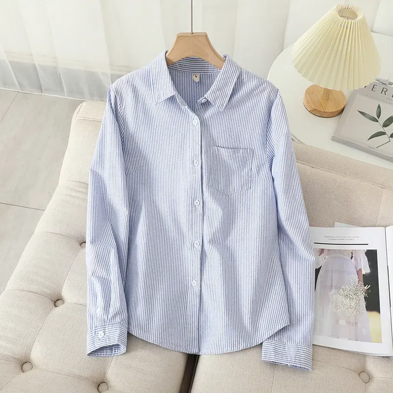 Color: Pink, Size: XL - Women's Casual Cotton Oxford Shirt 2023 New Woman Striped Blouse and Tops Simple Solid Lady White Blue Shirts Clothes