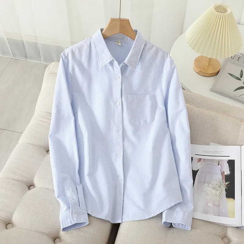 Color: Pink, Size: XL - Women's Casual Cotton Oxford Shirt 2023 New Woman Striped Blouse and Tops Simple Solid Lady White Blue Shirts Clothes