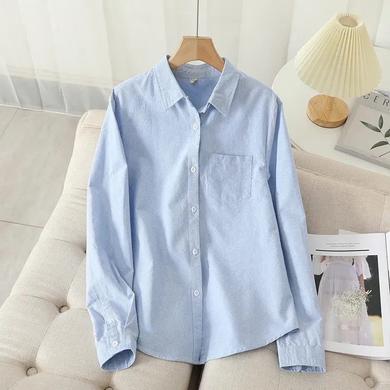 Color: Pink, Size: XL - Women's Casual Cotton Oxford Shirt 2023 New Woman Striped Blouse and Tops Simple Solid Lady White Blue Shirts Clothes
