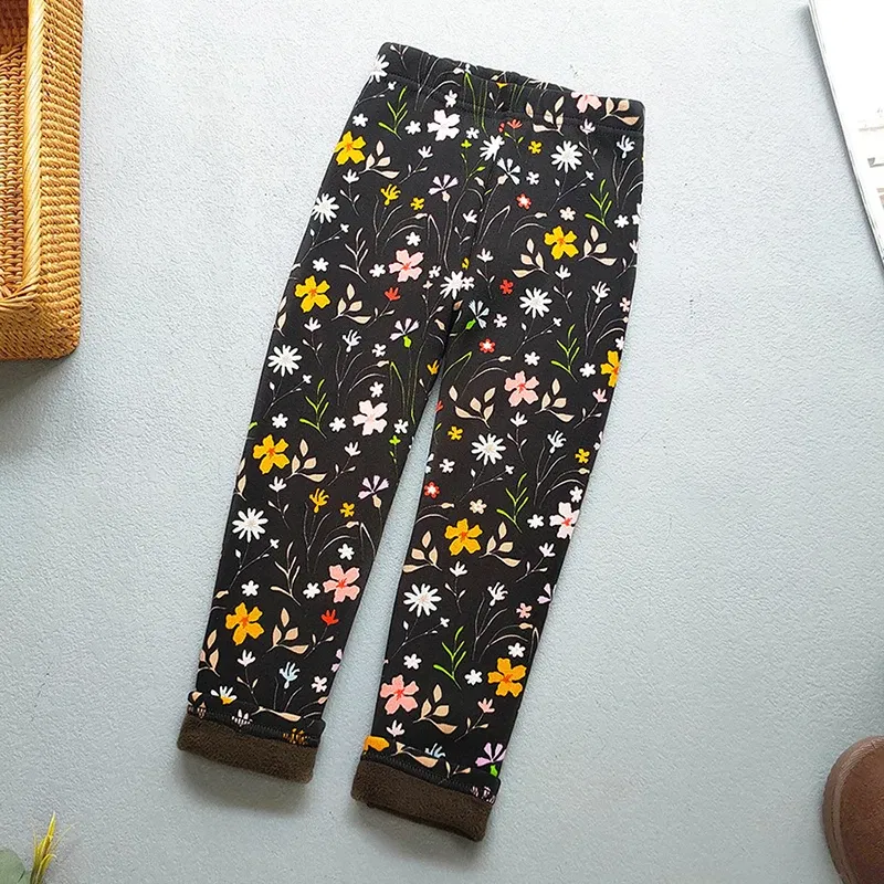 Color: Beige, Kid Size: 7 - Autumn Winter Print Flowers Thick Warm Kids Toddler Baby Girls Leggings Children's Pants