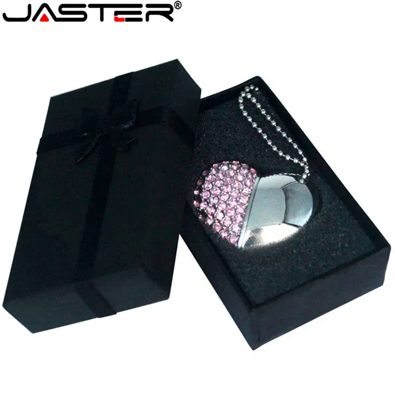 Color: Red, Capacity: 64GB - Metal Diamond USB Flash Drive 128GB Crystal Heart With Gift Box Pen Drive 64GB Creative Gifts Memory Stick Pendrive 32GB 16GB 8G