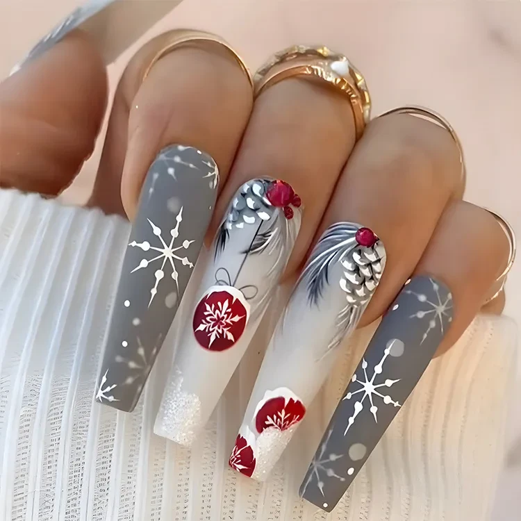 24pcs Christmas False Nails Hat Striped Snowflake Nail Art Stickers