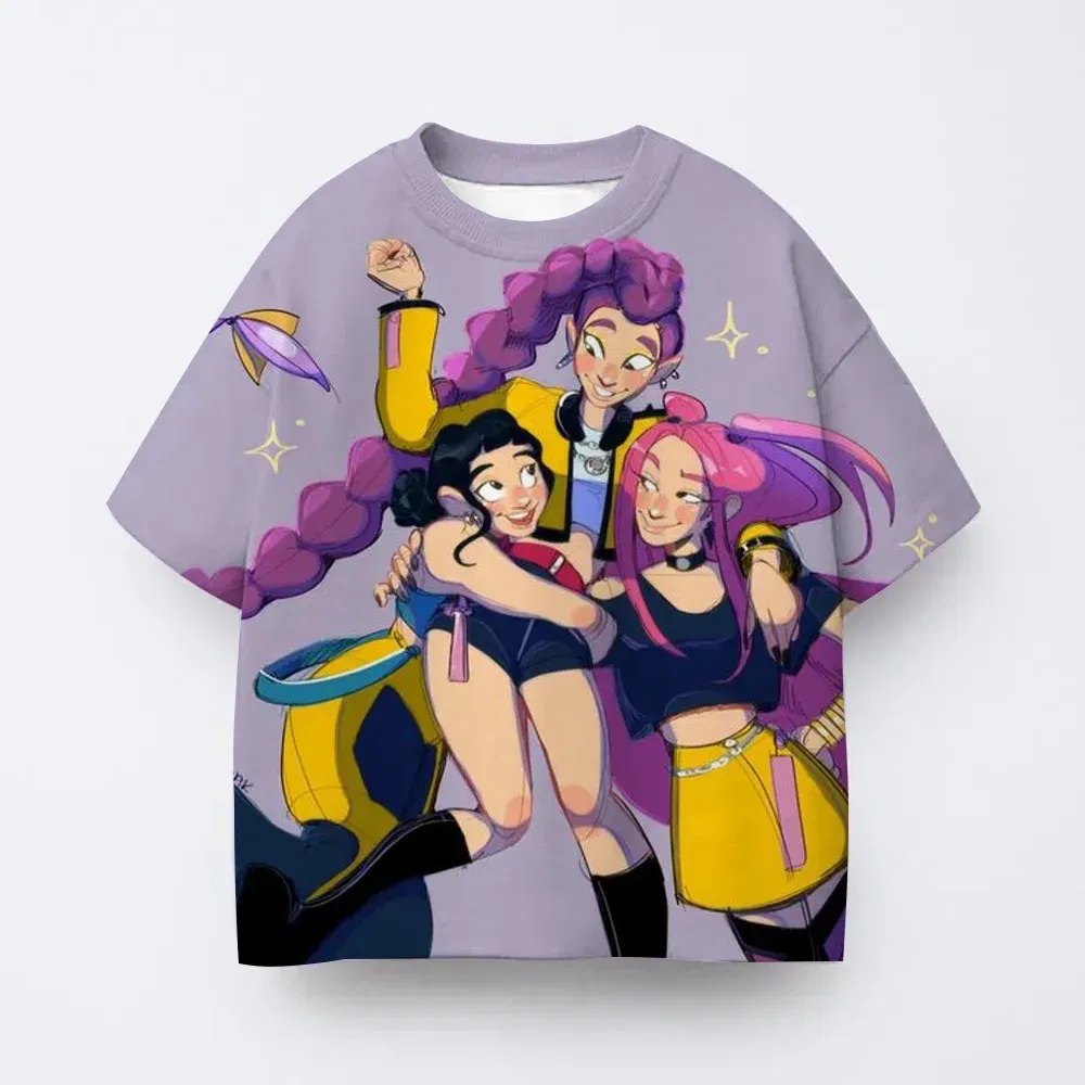 Color: Khaki, Kid Size: 5 - Toddler Girl Clothes Kpop Demon Hunters Cartoon Tee Shirt Funny Gift for Fans Harajuku Cool Kids T-shirts Cotton Summer Tops