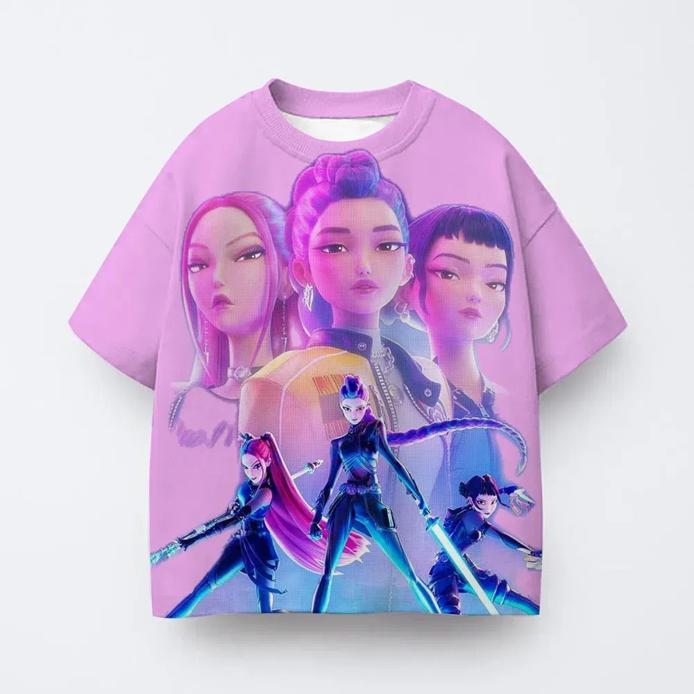Color: Khaki, Kid Size: 5 - Toddler Girl Clothes Kpop Demon Hunters Cartoon Tee Shirt Funny Gift for Fans Harajuku Cool Kids T-shirts Cotton Summer Tops