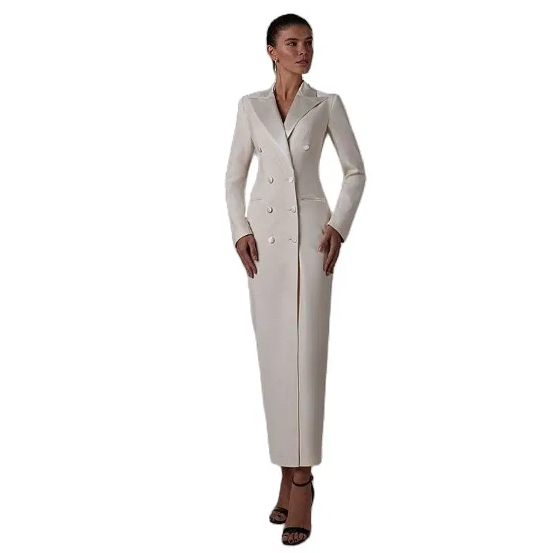 Color: Beige, Size: L - Women's Suit Long Jacket One Piece Blazer Double Breasted Formal Tuxedo Party Dress кос?‚юм ?¶?µнский