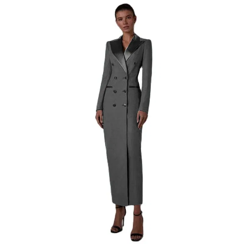 Color: Beige, Size: L - Women's Suit Long Jacket One Piece Blazer Double Breasted Formal Tuxedo Party Dress кос?‚юм ?¶?µнский