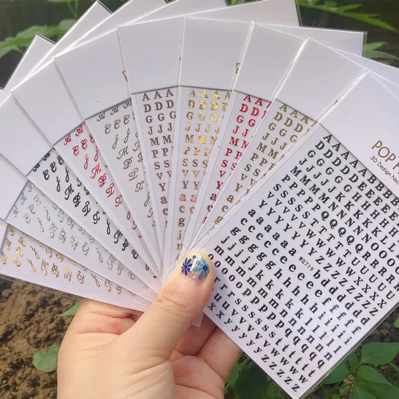 Color: Nickel-Free White - 1PCS New English Alphabet Nail Stickers Multi-Color Laser Reflective Nail Slider Art Cool Text Nail Kit