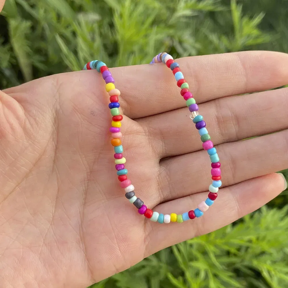Metal Color: Blue Zinc - 2022 New Trend Colorful Rice Beads Necklace Bohemia Fashion Style Ladies Clavicle Chain Necklace Girls String Pearl Neck Jewelry