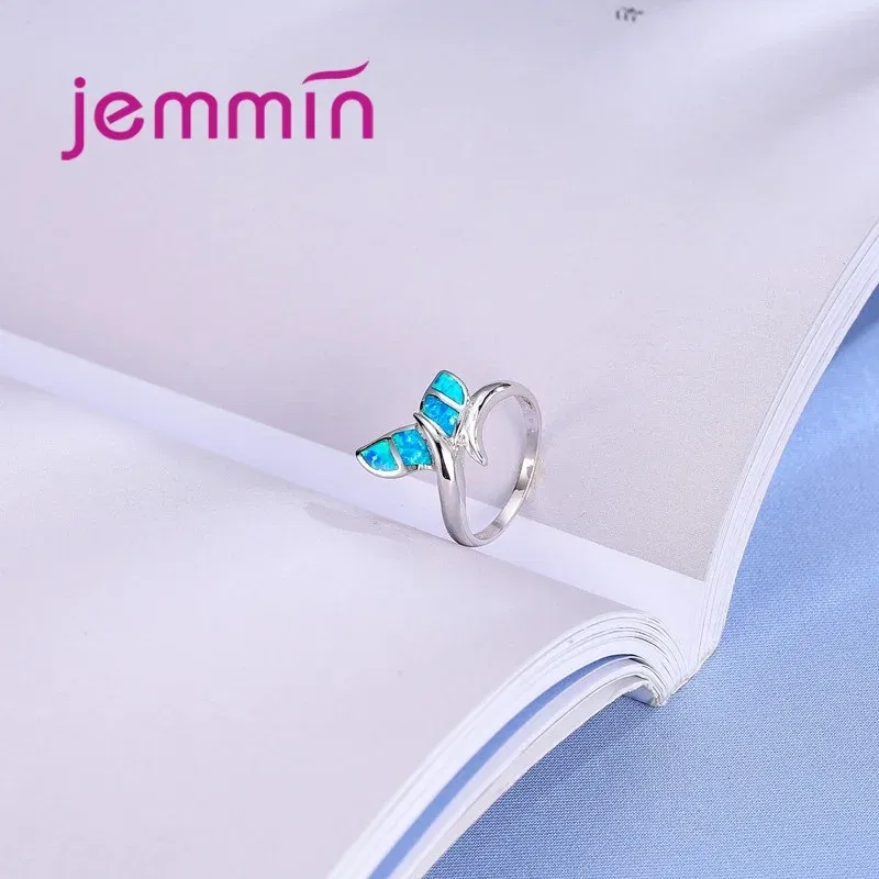 Ring Size: 6 - New Promotion Cute Whale Ring with Blue Fire Opal 925 Sterling Silver Rings for Women Wedding Popular Bague Bijoux