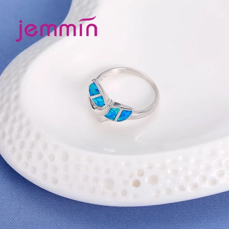 Ring Size: 6 - New Promotion Cute Whale Ring with Blue Fire Opal 925 Sterling Silver Rings for Women Wedding Popular Bague Bijoux