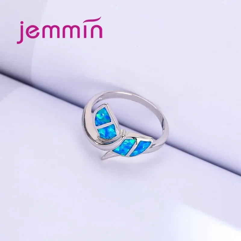 Ring Size: 6 - New Promotion Cute Whale Ring with Blue Fire Opal 925 Sterling Silver Rings for Women Wedding Popular Bague Bijoux
