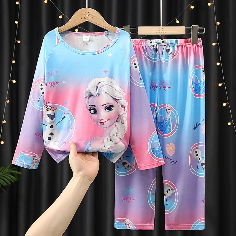 Color: SKY BLUE, Kid Size: 12t - 2pcs/set New Children Pyjamas Minnie Elsa Duck Cartoon Girls Sets Kid Home Wear boys and girls Travel Casual Sleepwear Suit