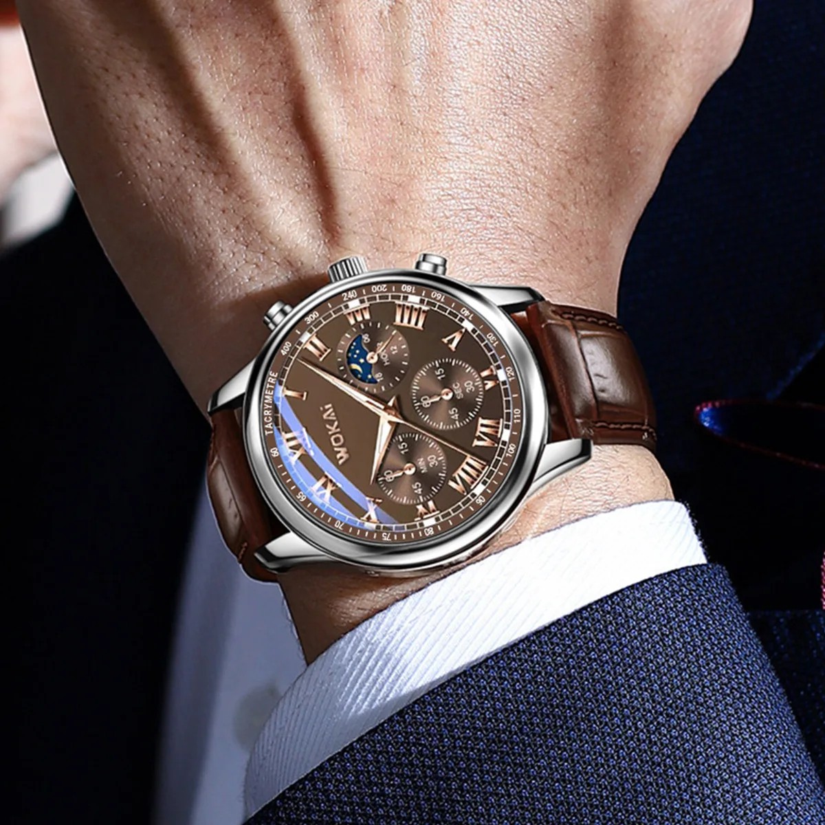 Business Mens Watch  Faux Three-Eye Roman Numeral Dial with Leather Strap