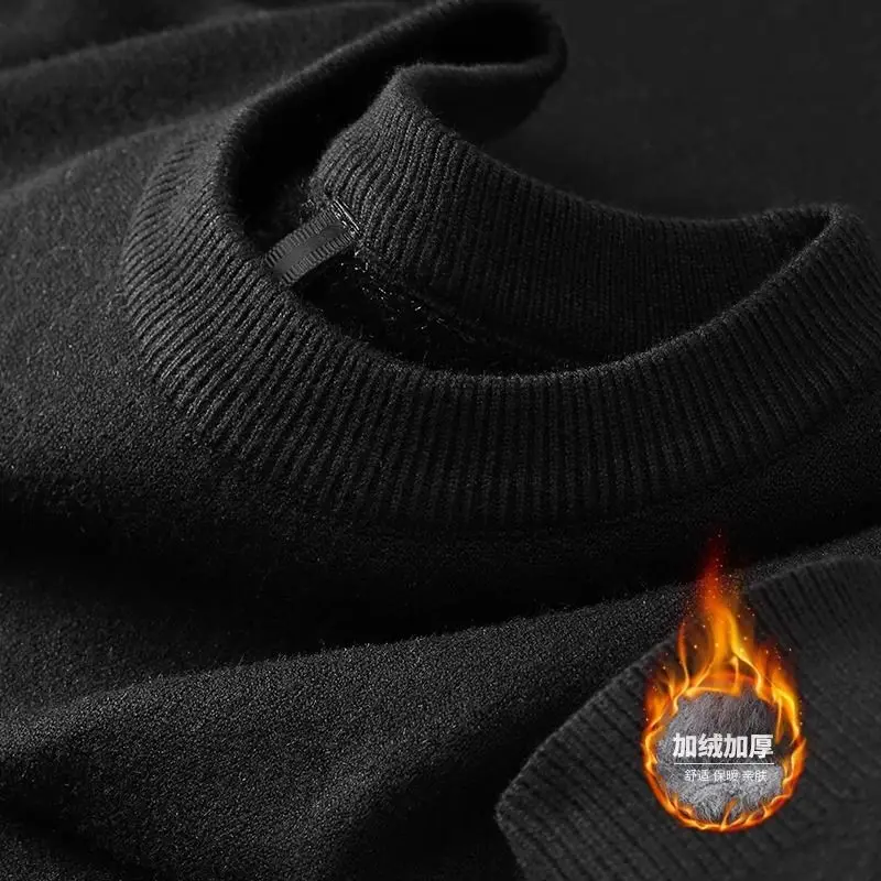 Color: black, Size: XL - Plush Men's Knitted Sweater Turtleneck with Velvet Padded Warm Solid Pullovers Autumn Winter Thick Bottom Casual O-Neck Sweater