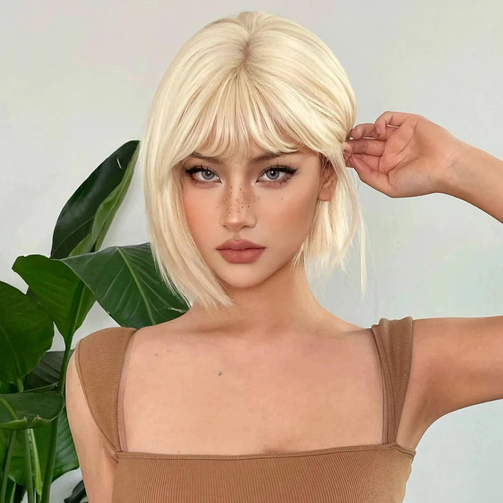 Color: T1B/PURPLE, Stretched Length: 12inches - New light gold bob hairstyle synthetic wig for Halloween party cosplay wig for daily use high-temperature hair accessory