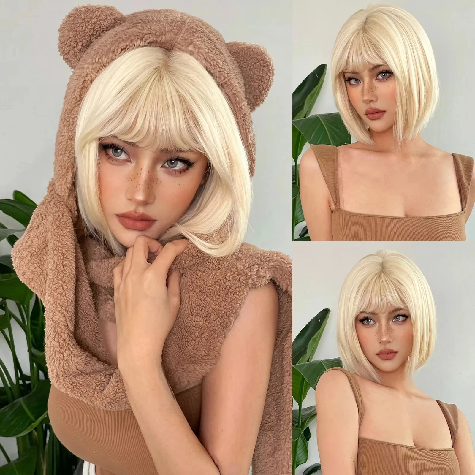 Color: T1B/PURPLE, Stretched Length: 12inches - New light gold bob hairstyle synthetic wig for Halloween party cosplay wig for daily use high-temperature hair accessory