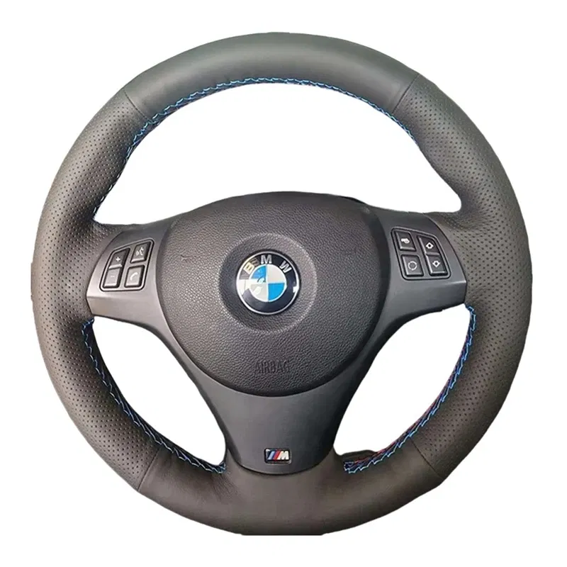Color Name: silver - Full Black Leather Car Steering Wheel Braid Soft Leather Cover For BMW E81 E90 Pack M Sport M3 E91 E92 E93 E87 E82 E88 X1 E84