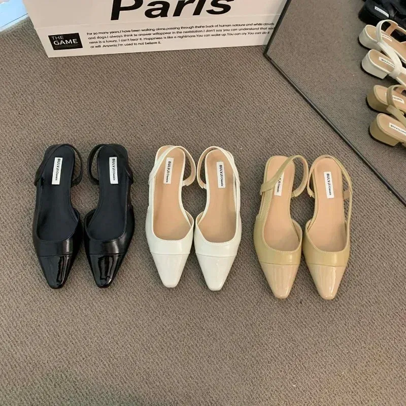 Color: Khaki, Shoe Size: 39 - 24Low Heel Baotou Sandals Women's French Nude Color Pointed Small Fragrant Style Ladies Thick Heels Back Air Style Single Shoes