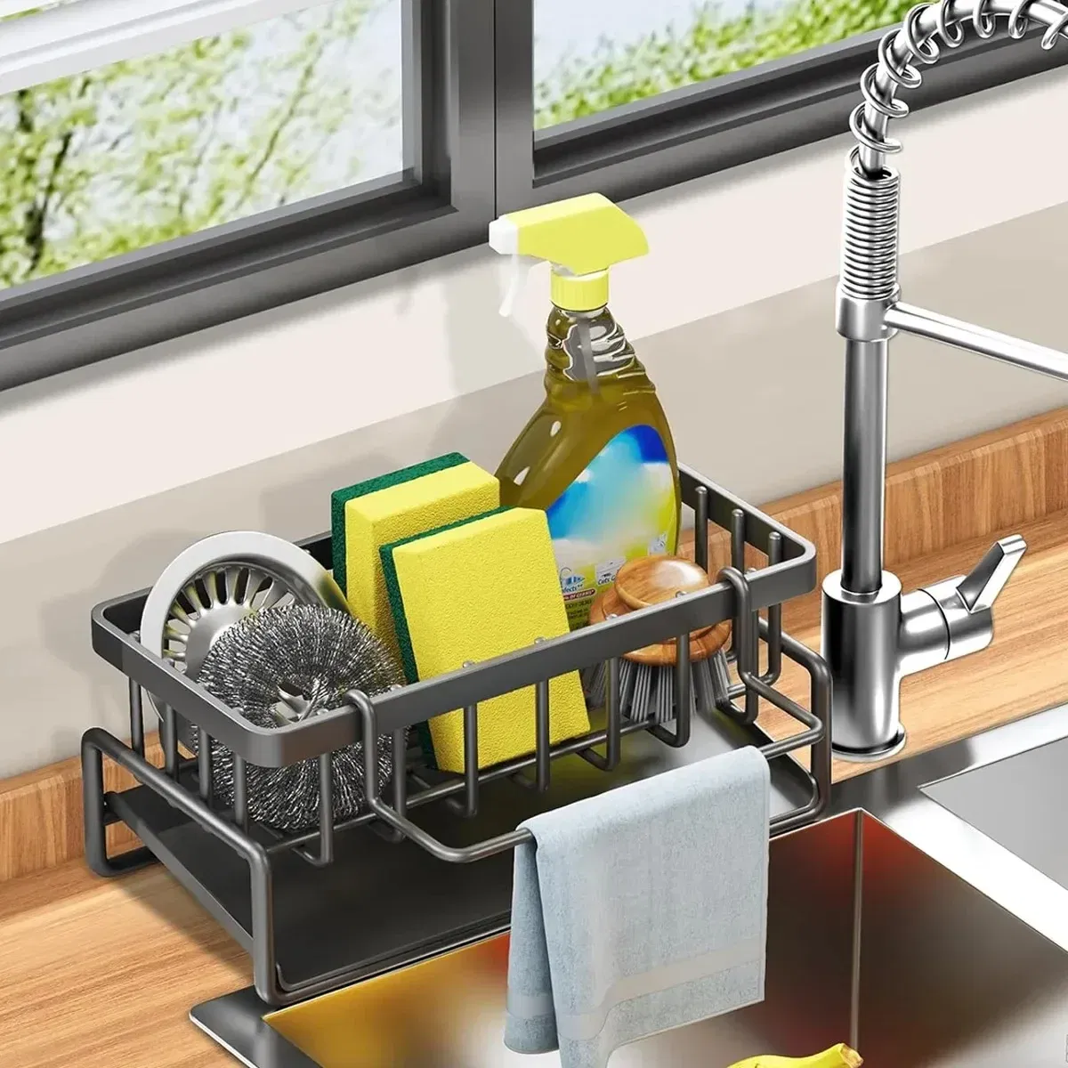 Color: Light green - Kitchen Sink Drain Rack Organizer Sponge Storage Faucet Holder Soap Drainer Dishcloth Towel Rack Kitchen Sink Organizer