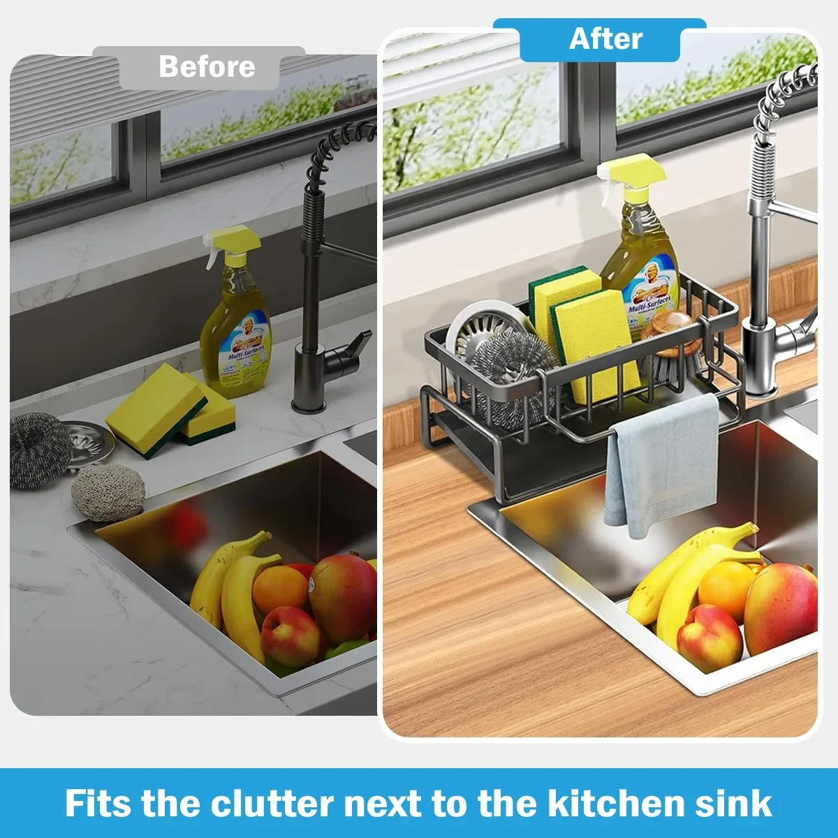 Color: Light green - Kitchen Sink Drain Rack Organizer Sponge Storage Faucet Holder Soap Drainer Dishcloth Towel Rack Kitchen Sink Organizer