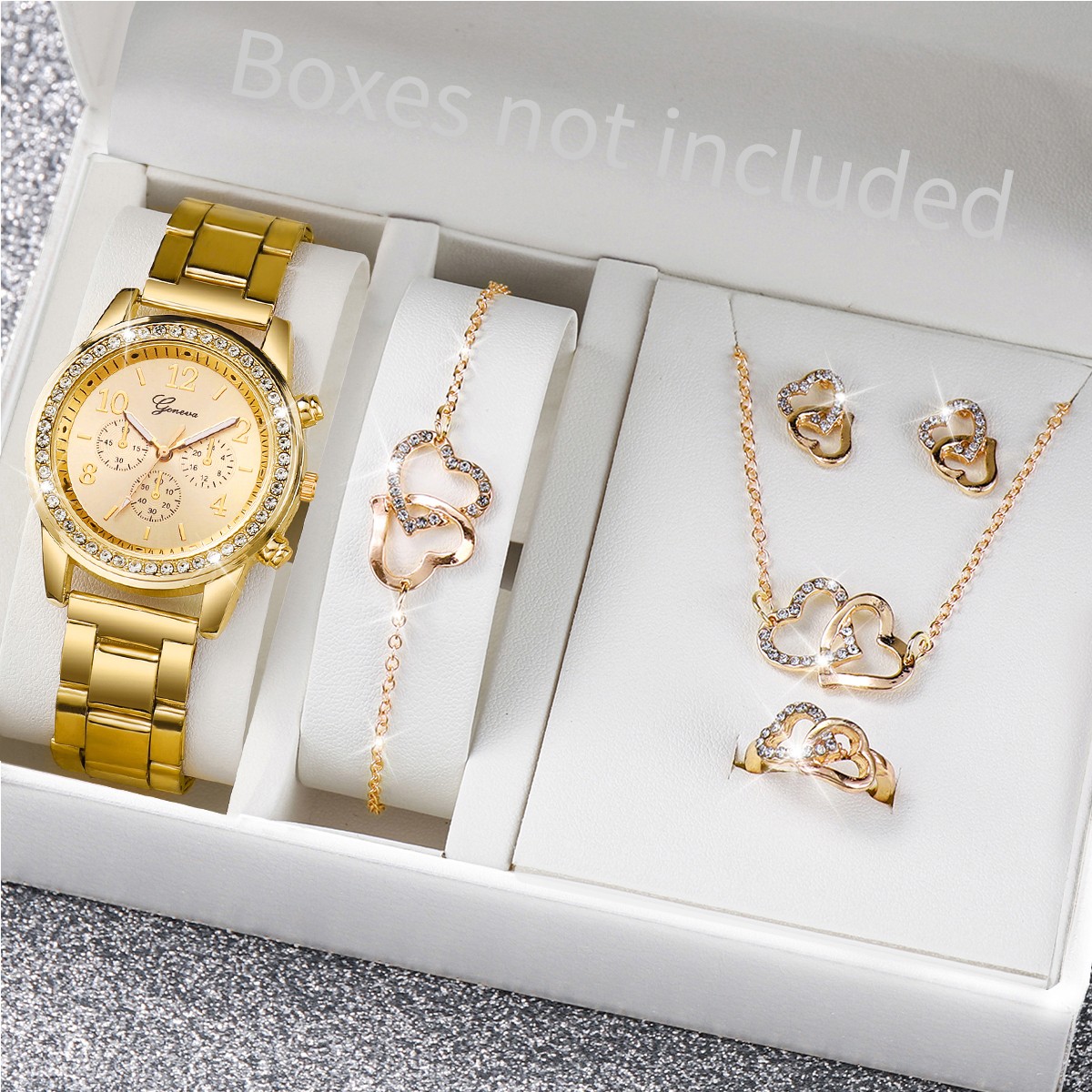 6PCS Women's Fashion Watch & Jewelry Set  Rhinestone Stainless Steel Quartz Watch with Double Heart Design