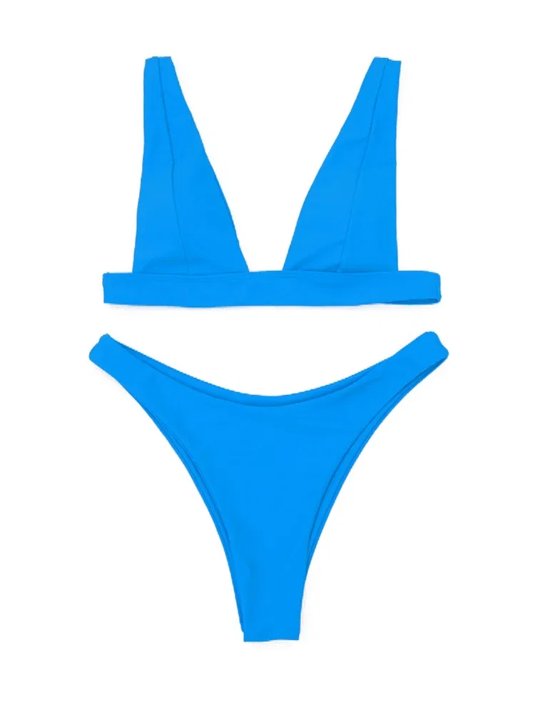 Color: Black, Size: L - 2023 New Sexy Solid Bikini Women V-neck Swimwear Two Pieces Swimsuit Female Low Waist Bikini Set Brazilian Bathing Suit Bathers