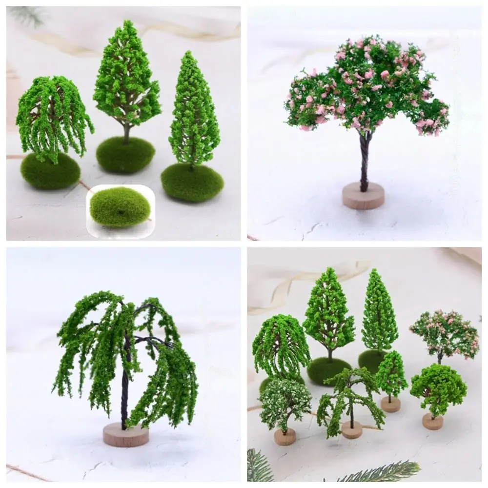 Color: army green - Artificial Moss Rocks/Wooden Base Model Trees Simulation Plastic Dollhouse Mini Tree Natural Green Bonsai Figurine