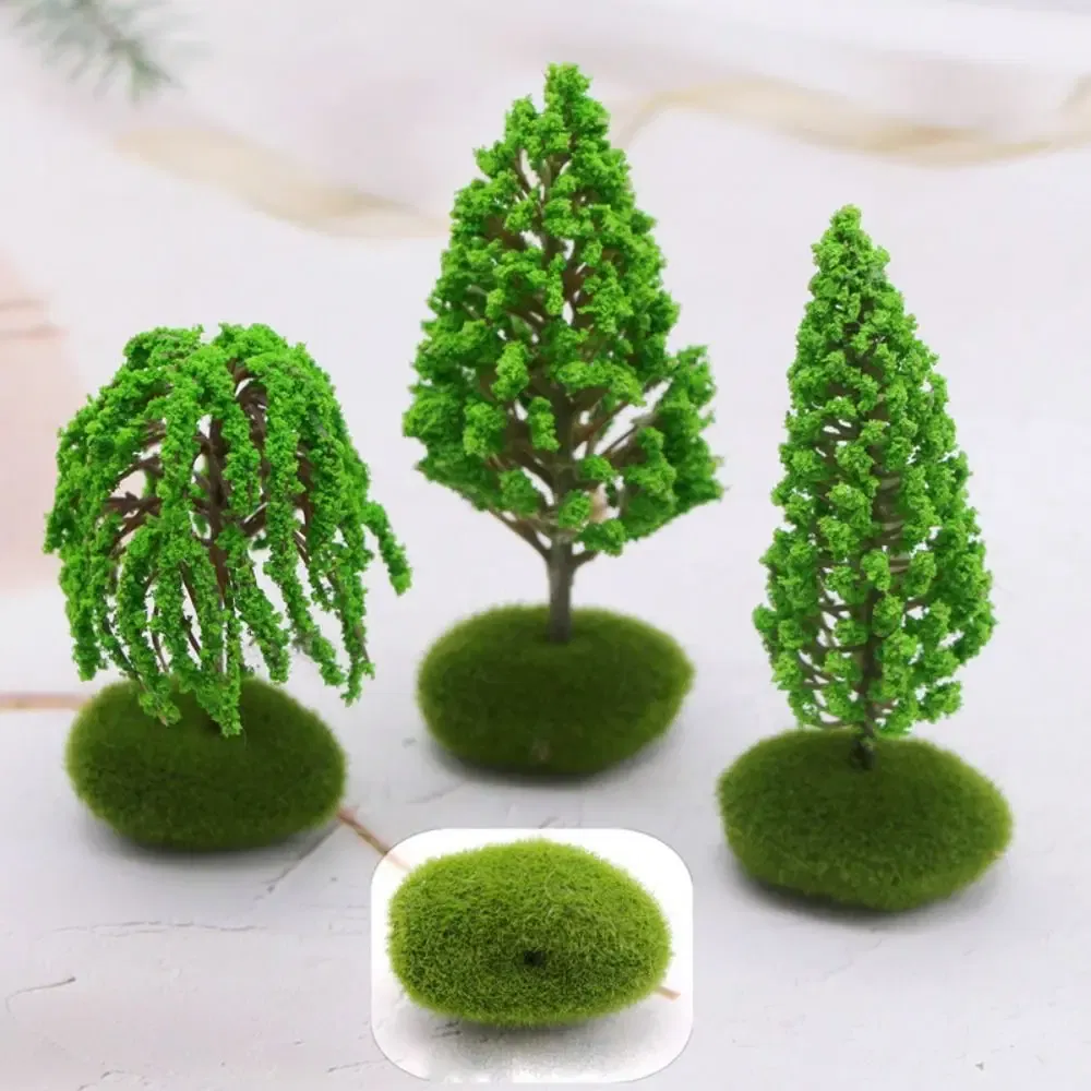Color: army green - Artificial Moss Rocks/Wooden Base Model Trees Simulation Plastic Dollhouse Mini Tree Natural Green Bonsai Figurine