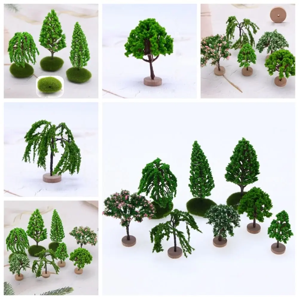 Color: army green - Artificial Moss Rocks/Wooden Base Model Trees Simulation Plastic Dollhouse Mini Tree Natural Green Bonsai Figurine