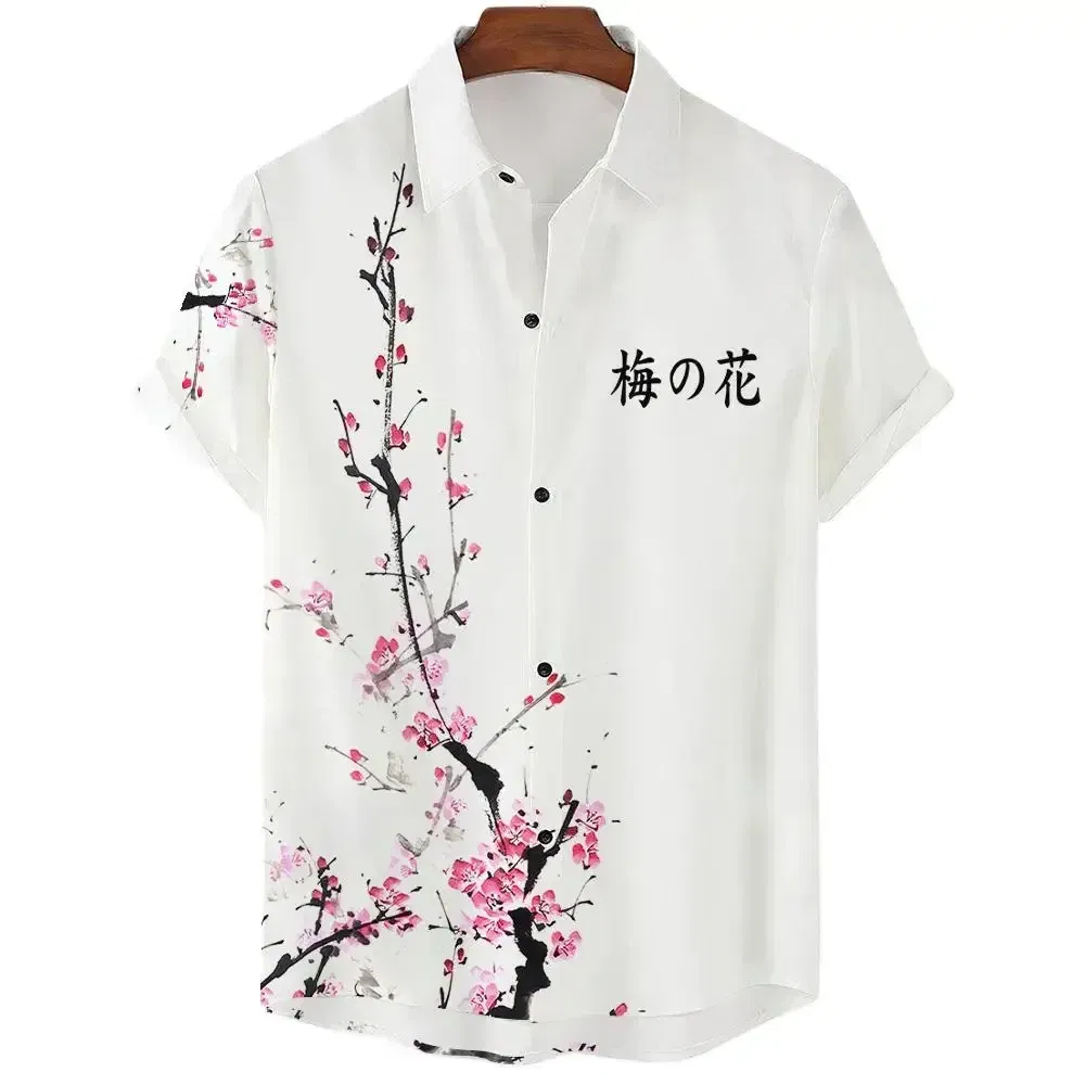 Color: PURPLE, Size: L - Fashionable Luxury Social men's Shirt Lapel button-down Shirt Casual Japanese Aesthetic Cherry Blossom Print short-sleeved Tops