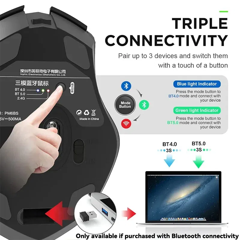 Color: black - Inphic Rechargeable Wireless Mouse Ergonomic Bluetooth 5.0 2.4G Mice Office Mute Mouse For MacBook Tablet Laptops Computer PC