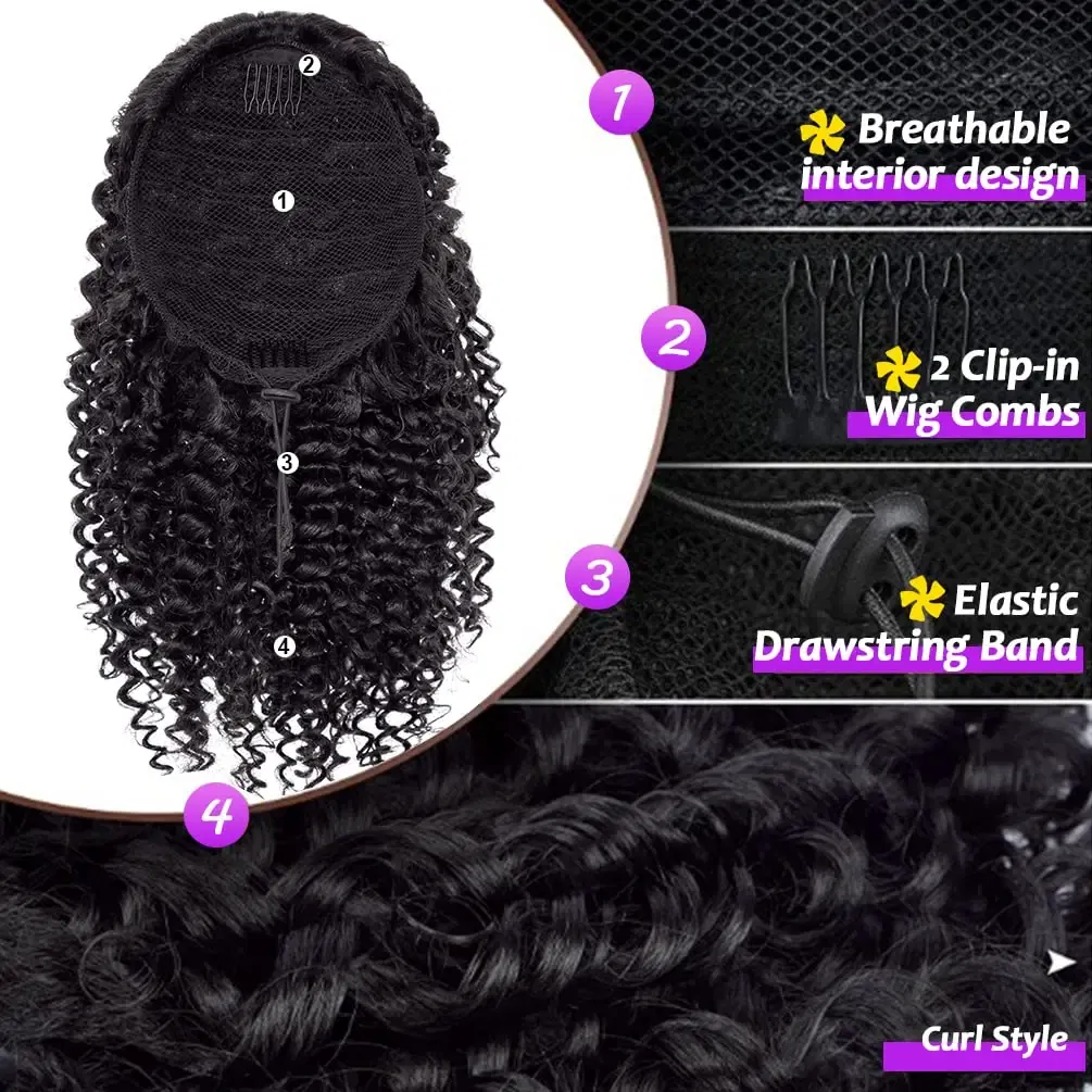 Color: #4, Stretched Length: 20inches - Synthetic Short Afro Kinky Curly Ponytail Hair Piece for African American Ponytail Extension Afro Kinky Curly Ponytail for Women