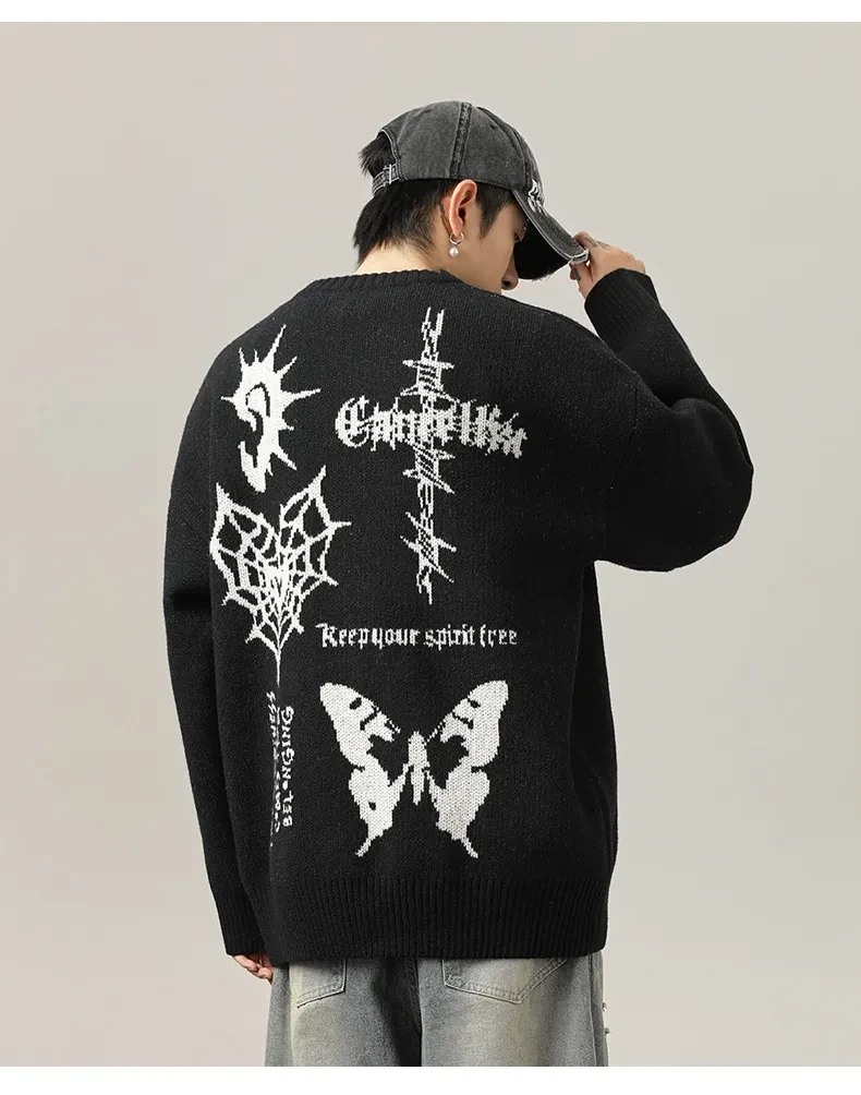 American Retro Hand-painted Jacquard Round Neck Sweater