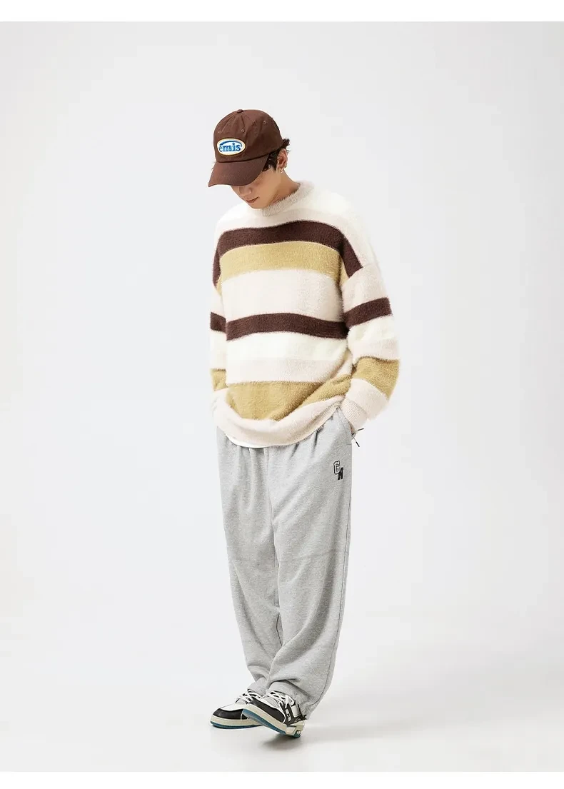 Striped Round Neck Sweater Japanese-style Retro Mink