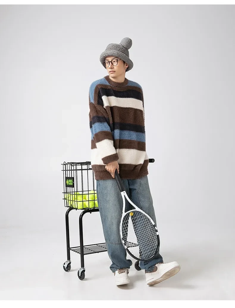 Striped Round Neck Sweater Japanese-style Retro Mink