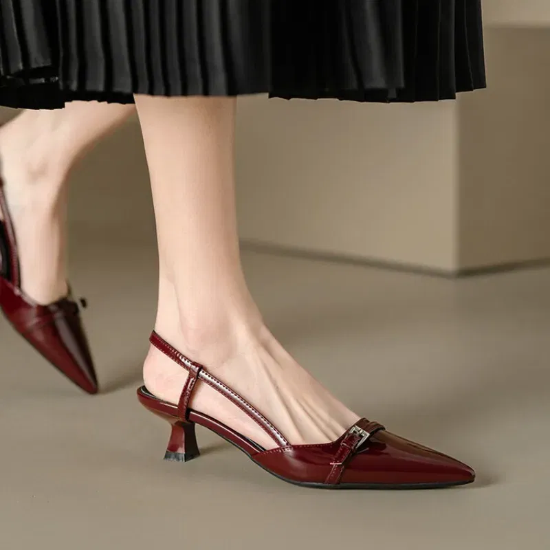 Color: black, Shoe Size: 39 - 2024 New Summer Women's Dress Shoes Patent Leather Slip on Pointed Toe Sandals Buckle Slingbacks Mid Heels Pumps Sandalias Mujer