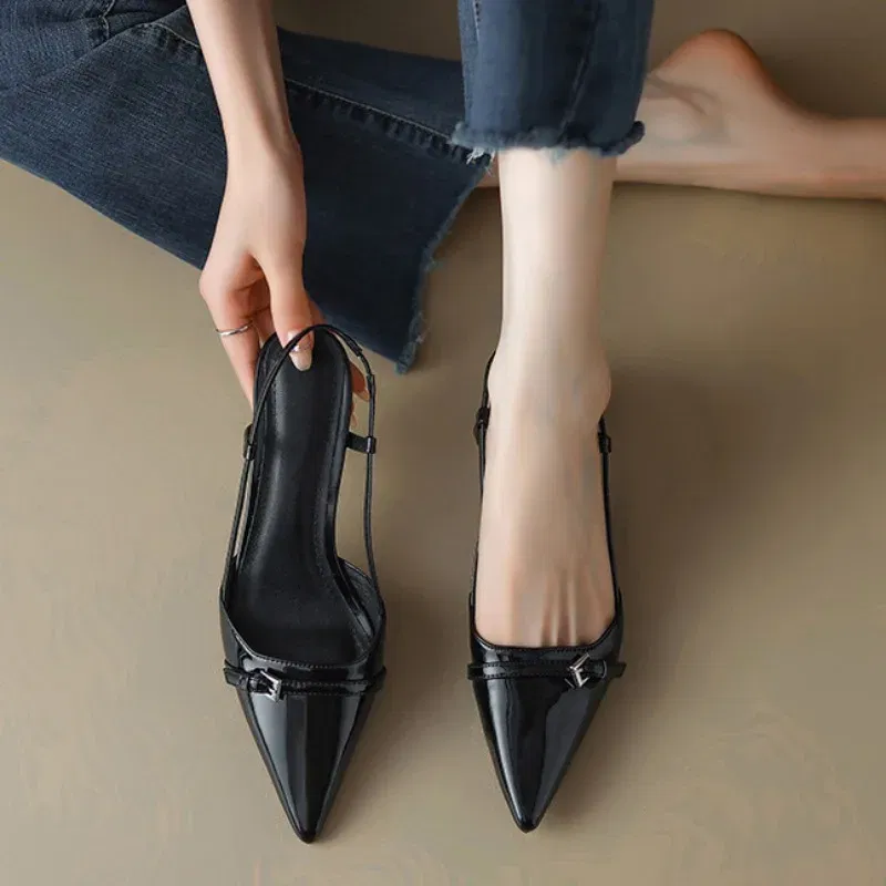 Color: black, Shoe Size: 39 - 2024 New Summer Women's Dress Shoes Patent Leather Slip on Pointed Toe Sandals Buckle Slingbacks Mid Heels Pumps Sandalias Mujer
