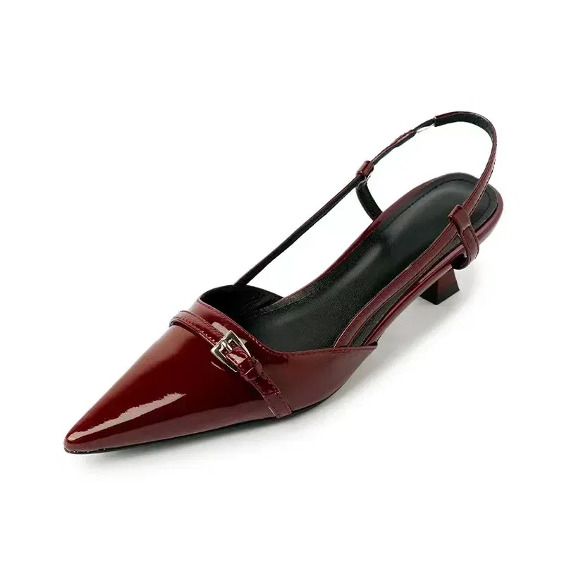 Color: black, Shoe Size: 39 - 2024 New Summer Women's Dress Shoes Patent Leather Slip on Pointed Toe Sandals Buckle Slingbacks Mid Heels Pumps Sandalias Mujer