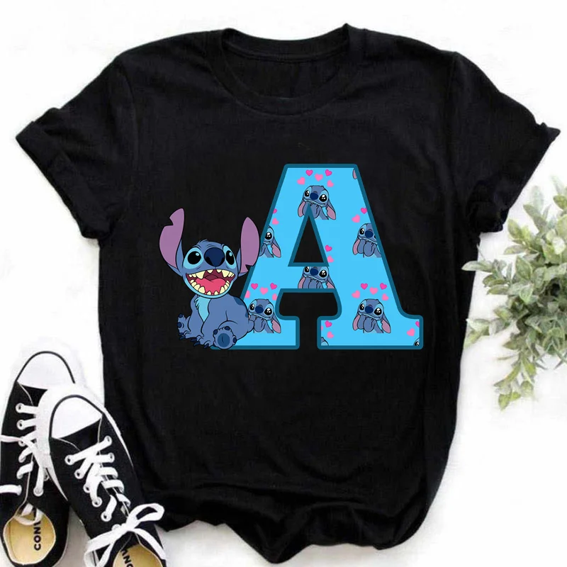 Color: army green, Size: M - Disney Lilo&Stitch A-Z Alphabet Summer Women's Printed T-Shirt Women's Casual Tops T-Shirt Fashion Cartoon Plus Size T-Shirt