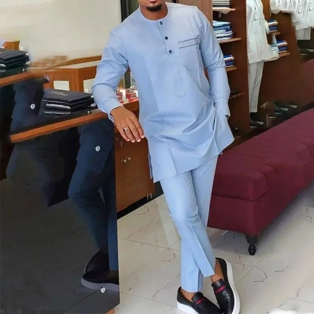 Color: Champagne, Size: L - New Men's Tenos Wedding 2-Piece Suit Waist Pants Shirt Solid Color Panel Long Sleeve Party African Ethnic Style Clothing (M-4XL)