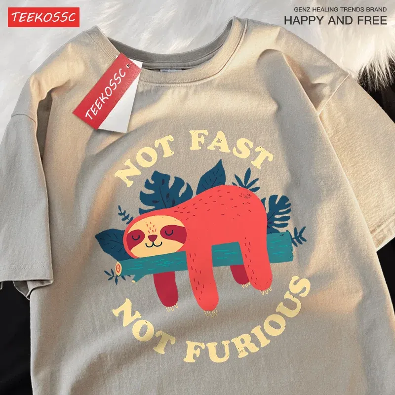 Color: green, Size: L - Not Fast Not Furious Cute Sloth Male T Shirts Hip Hop Crewneck Short Sleeve Summer Cotton Tops Casual Sweat Oversized T-Shirts