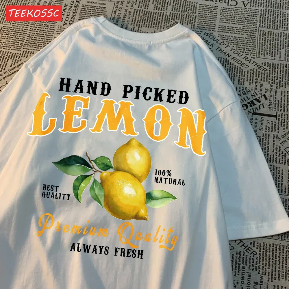 Color: Lemon yellow, Size: M - Summer Lemon Cherries Prints T-Shirts Cotton Women's Tops Oversize O-Neck Soft Short Sleeve tees Street Casual Womans Clothes
