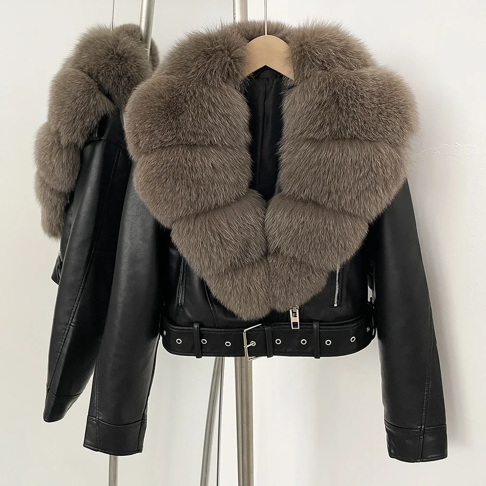 Color: army green, Size: M - Fake Leather Coat New Natural Fox Fur Autumn Short Faux Leather Jacket Female Spring PU Women Long Sleeve Real Fur Coat Thin