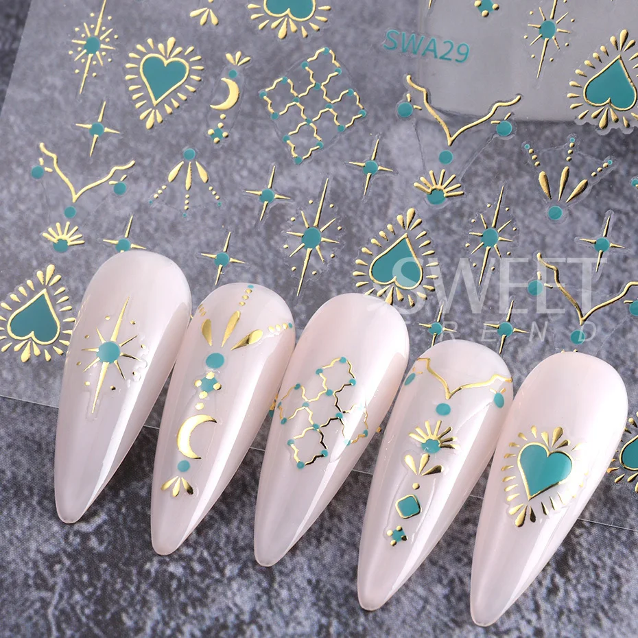 Color: Dark Grey - Metallic Bohemian Style Nail Sticker Gold Silver Lace Lines Green Gem Love Heart 3D Holographic Manicure Sliders Nail Decoration