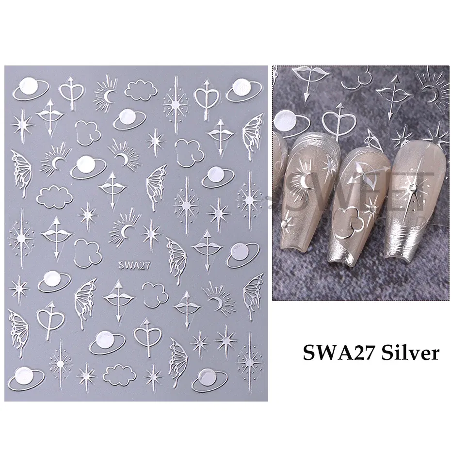 Color: Dark Grey - Metallic Bohemian Style Nail Sticker Gold Silver Lace Lines Green Gem Love Heart 3D Holographic Manicure Sliders Nail Decoration