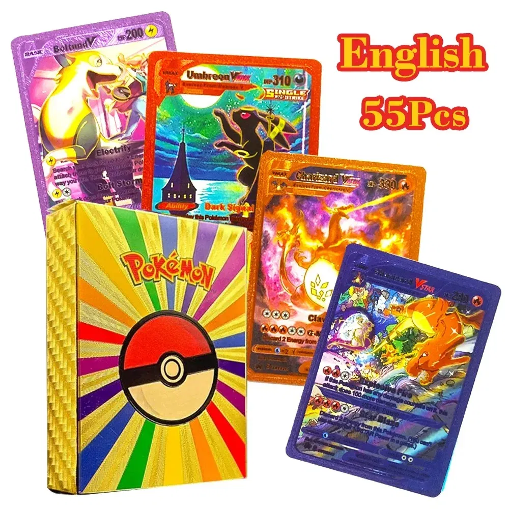 Color: light green - 55PCS Pokemon Colorful Gold Foil Card Charizard Pikachu Arceus Diamond Rainbow English French German Spanish VSTAR GX VMAX Cards